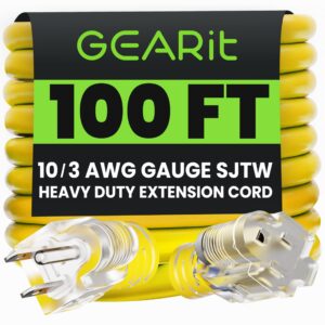 GEARit Outdoor 10 AWG Gauge 3 Prong Plug 100 Foot Extension Cord, Power Cord for Lawn, Garden, Appliances, 10/3, SJTW Heavy Duty for Indoor/Outdoor, All Purpose Weather Resistant, 100 Feet, Yellow