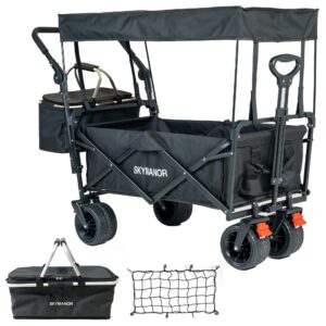 SKYMANOR Collapsible Wagon Folding Garden Cart with Removable Canopy Utility Wagon Cart with All-Terrain Wheels Brake Beach Cart for Sand Heavy Duty Beach Wagon for Camping Shopping (Black)