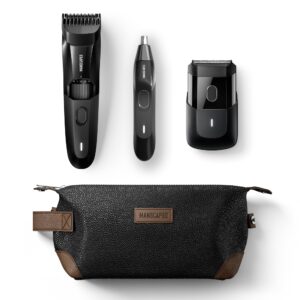 MANSCAPED® Face Grooming Trio - The Beard Hedger® Premium Beard Trimmer, The Handyman™ Compact Face Shaver, Weed Whacker® 2.0 Nose & Ear Hair Razor, The Shed™ Toiletry Bag