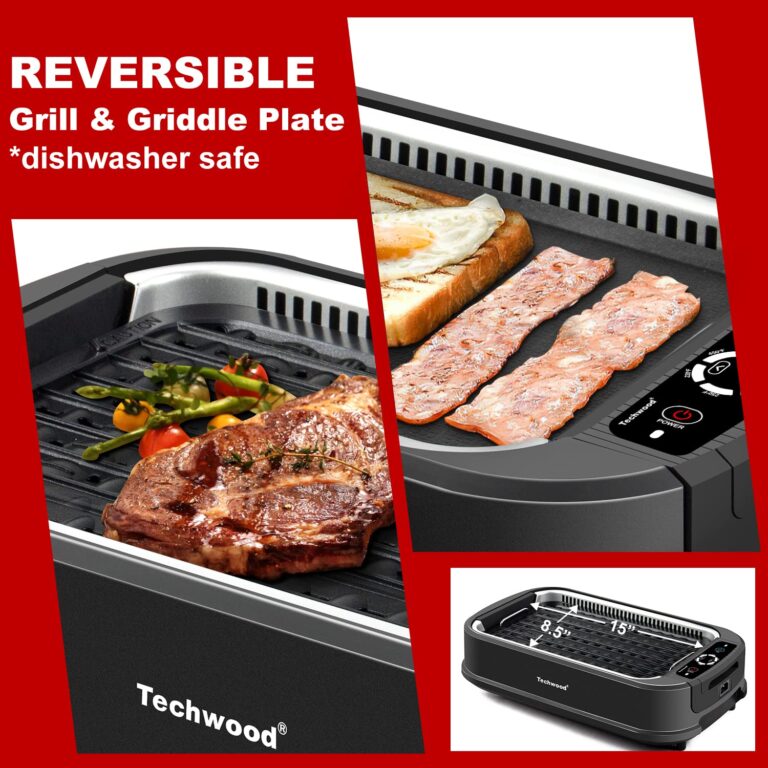 Indoor Grill, Techwood 1500W Smokeless Electric Grill with 2 in1 Nonstick Grill/Griddle Plates, Portable Korean BBQ Grill with 6-Level Control, Glass Lid, Dishwasher Safe, Double Plates, Black - Image 7