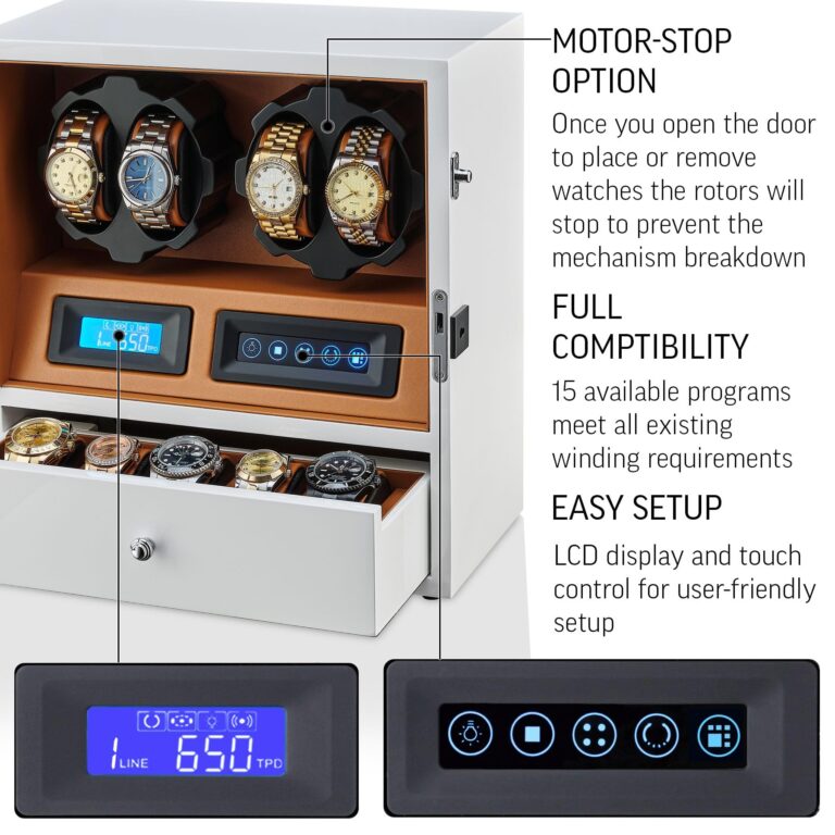 4 Watch Winder with 5 Watch Storage Space, LCD Display, Touch Control and Interior Light (White + Brown) - Image 5