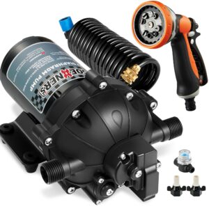 [Upgraded Version] Fresh Water Pump with Spray Gun, 12V DC Water Pump, 6.5GPM 70PSI Five Chamber Self-Priming Diaphragm Water Pump with Heavy Duty Pressure Switch and Strainer