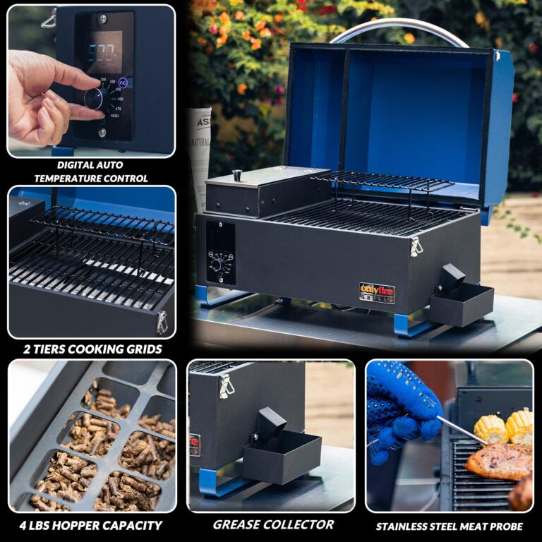 Onlyfire BBQ Wood Pellet Grill Smoker with Digital Control, LED Screen, Meat Probe & 2 Tiers Cooking Area, Portable Tabletop Grilling Stove for BBQ, Smoke, Bake and Roast, RV Camping, Blue - Image 6