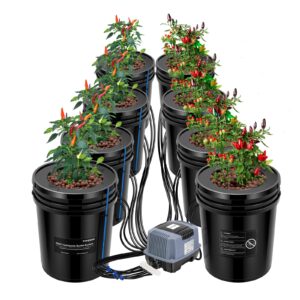VIVOSUN DWC Hydroponics Grow System with Top Drip Kit, 5-Gallon Deep Water Culture, Recirculating Drip Garden System with Multi-Purpose Air Hose, Air Pump, and Air Stone (8 Buckets + Top Drip Kit)