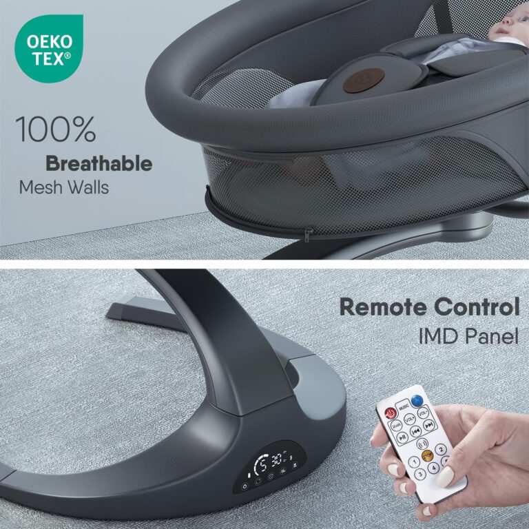 Obee Odee Baby Swing - 5 Speeds, 12 Lullabies, Portable with 360 Rotating Seat, Adapter & Battery Operated, Indoor & Outdoor (Gray, Basket) - Image 4