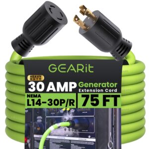 GEARit 30-Amp Generator Extension Cord (75 Feet) 4-Prong 120/250-Volt 7500W, NEMA L14-30P/L L14-30R, 10 Gauge SJTW Locking Power Cord for Manual Transfer Switch, Portable Generators, Power Outage 75ft