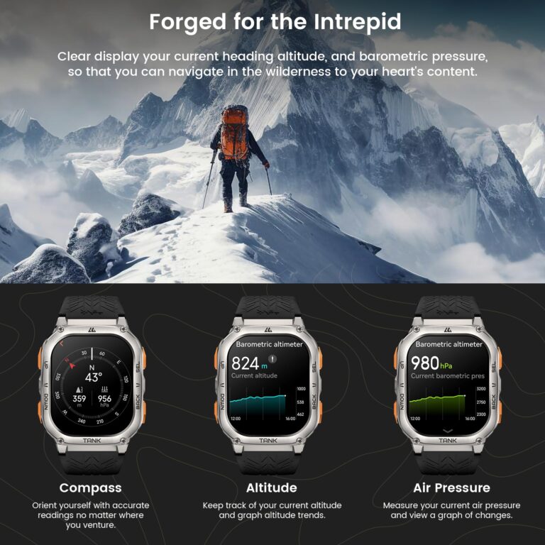 KOSPET Tank M3 Ultra Smart Watch with GPS, 5ATM Waterproof, Compass, Altitude, Air Pressure, Extra Large Battery, Full Stainless Steel, Bluetooth Call, 1.96'' AMOLED Always-on Display, AI Voice - Image 7