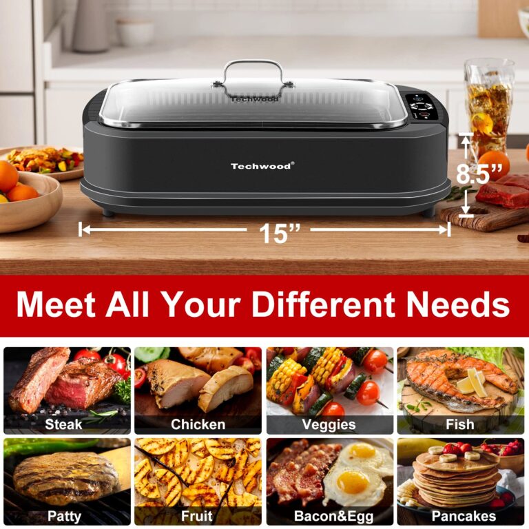 Indoor Grill, Techwood 1500W Smokeless Electric Grill with 2 in1 Nonstick Grill/Griddle Plates, Portable Korean BBQ Grill with 6-Level Control, Glass Lid, Dishwasher Safe, Double Plates, Black - Image 6