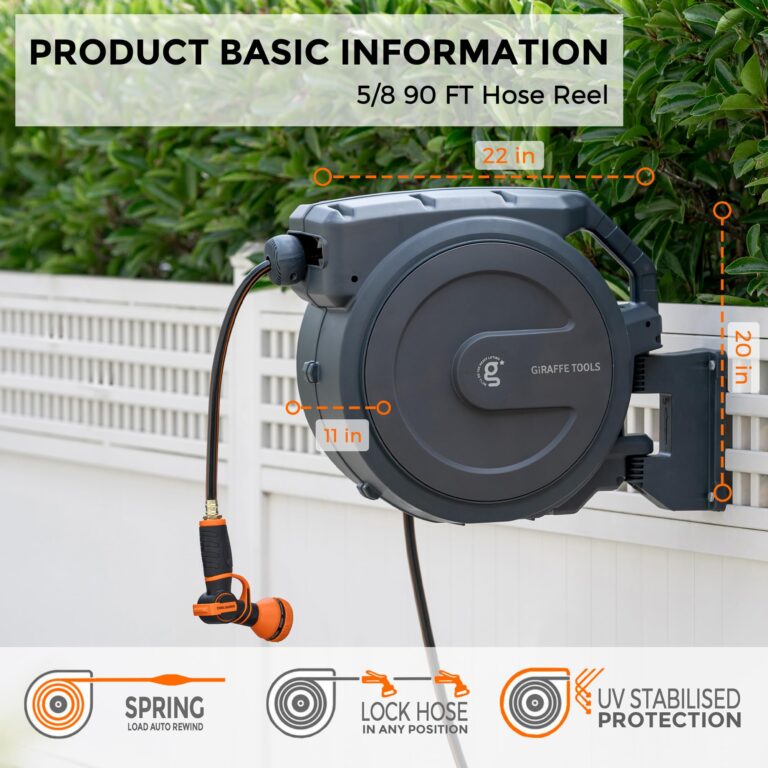 Giraffe Tools AW40 Retractable Hose Reel 5/8" x 90 ft Wall Mounted Garden Hose Reel Heavy Duty, Automatic Rewind, 180 Deg Swivel, Any Length Lock, 9 Pattern Nozzle, 90 ft, Dark Grey - Image 5