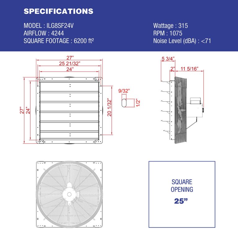iLiving - 24" Wall Mounted Exhaust Fan - Automatic Shutter - Variable Speed - Vent Fan For Home Attic, Shed, or Garage Ventilation, 4244 CFM, 6200 SQF Coverage Area (Power Cord Not Included) - Image 2