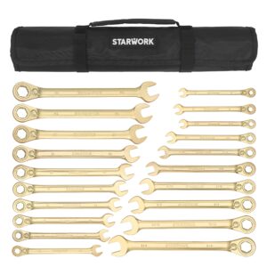 STARWORK 20 Pc. 6-Point SAE, Metric 15° Offset Vintage G-Plating Reversible Non-Slip Long Pattern Ratcheting Combination Wrench Set (5/16" -3/4" & 8-19 mm)