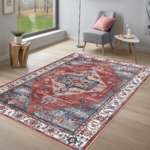 Adiva Rugs 8x10 Machine Washable Area Rug with Non Slip Backing for Living Room Bedroom Bathroom Kitchen Mats for Floor Decor Anti Fatigue Non Skid Door Carpet (Multi Coral Navy Teal, 8' x 10')