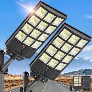 3000W Solar Street Lights Outdoor, Wide Angle Commercial Solar Lights Outdoor Dusk to Dawn, 6500K Flood Light Outdoor with Motion Sensor, IP66 Waterproof LED Street Light for Parking Lot, Yard 2PACK