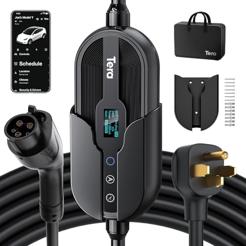 Tera EV Charger Level 2 J1772: 32A 16A 240V ETL Certified Dual Use Portable & Wall Connector NEMA 14-50 Wi-Fi & BT Enabled 25FT Cable with Holder P01