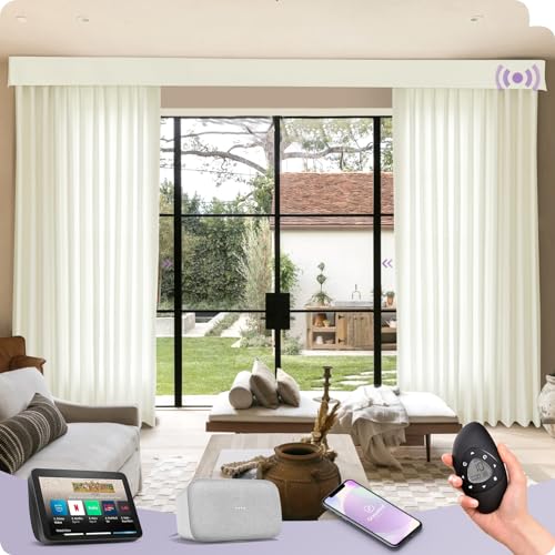 Graywind Hardwired Smart Curtains Compatible with Alexa Google Remote Control Motorized Drape for Sliding Door One-Way or Split Draw, Custom Width to 220" (Mose)