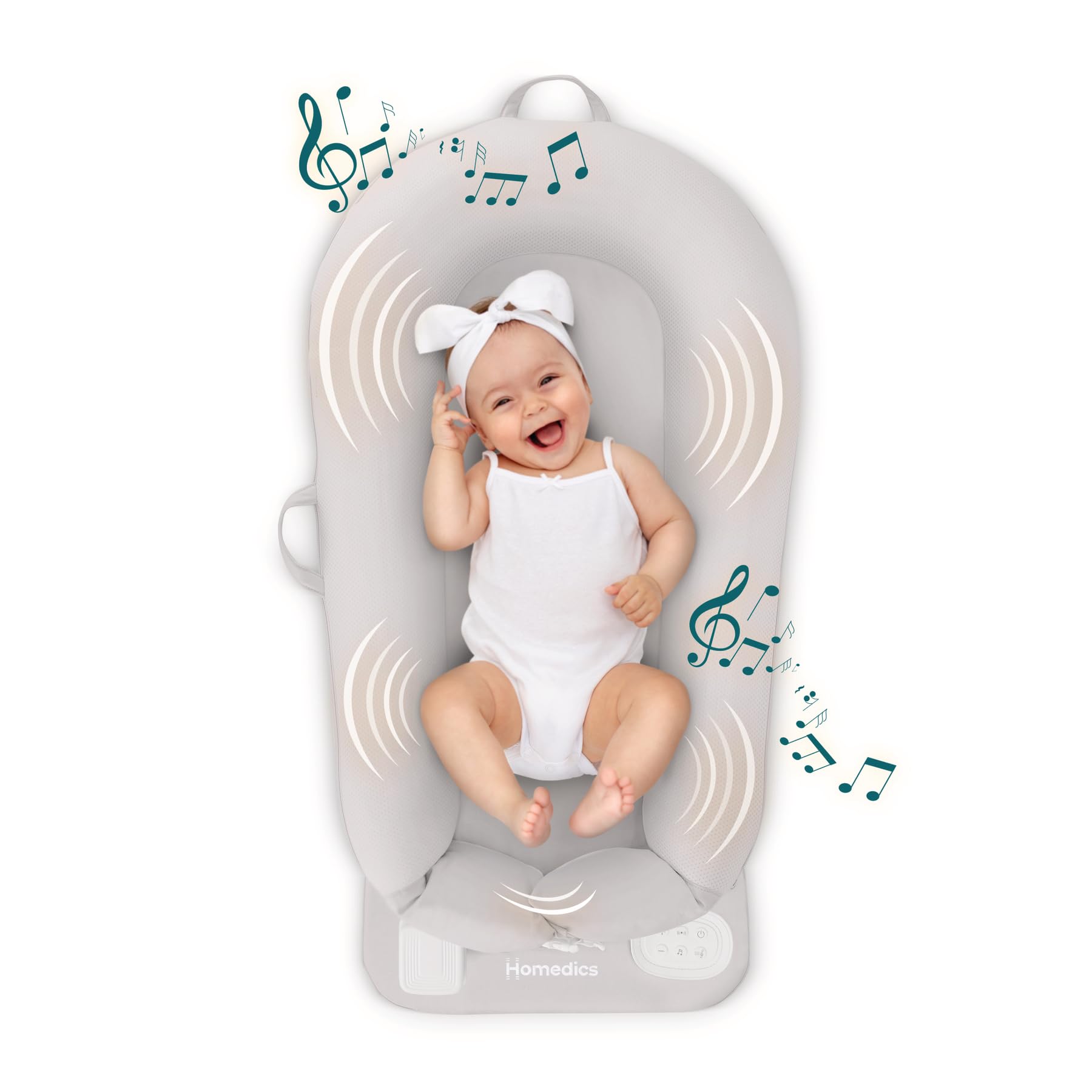 Homedics 3-in-1 Calming Baby Cushion, Soothing Comfort for Newborns & Infants, Snuggling Sensation, Sound and Vibration, Designed for Safety, Cordless, Rechargeable & Machine-Washable, Gray