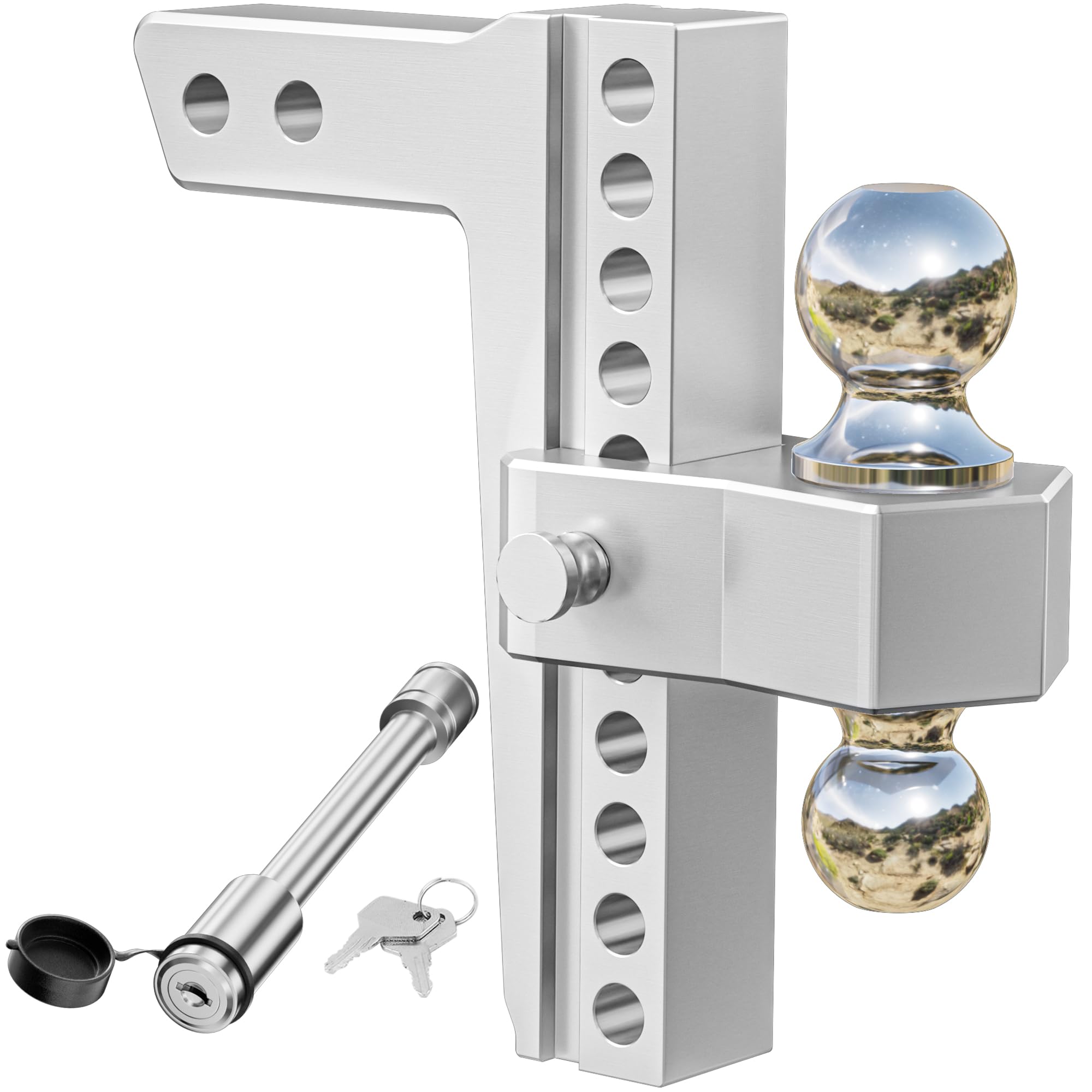 LOCAME Adjustable Trailer Hitch, Fits 2-Inch Receiver Only, 10-Inch Drop/Rise Aluminum Drop Hitch, 12,500 LBS GTW-Tow Hitch for Heavy Duty Truck with Double Stainless Steel Locks, Silver, LC0005