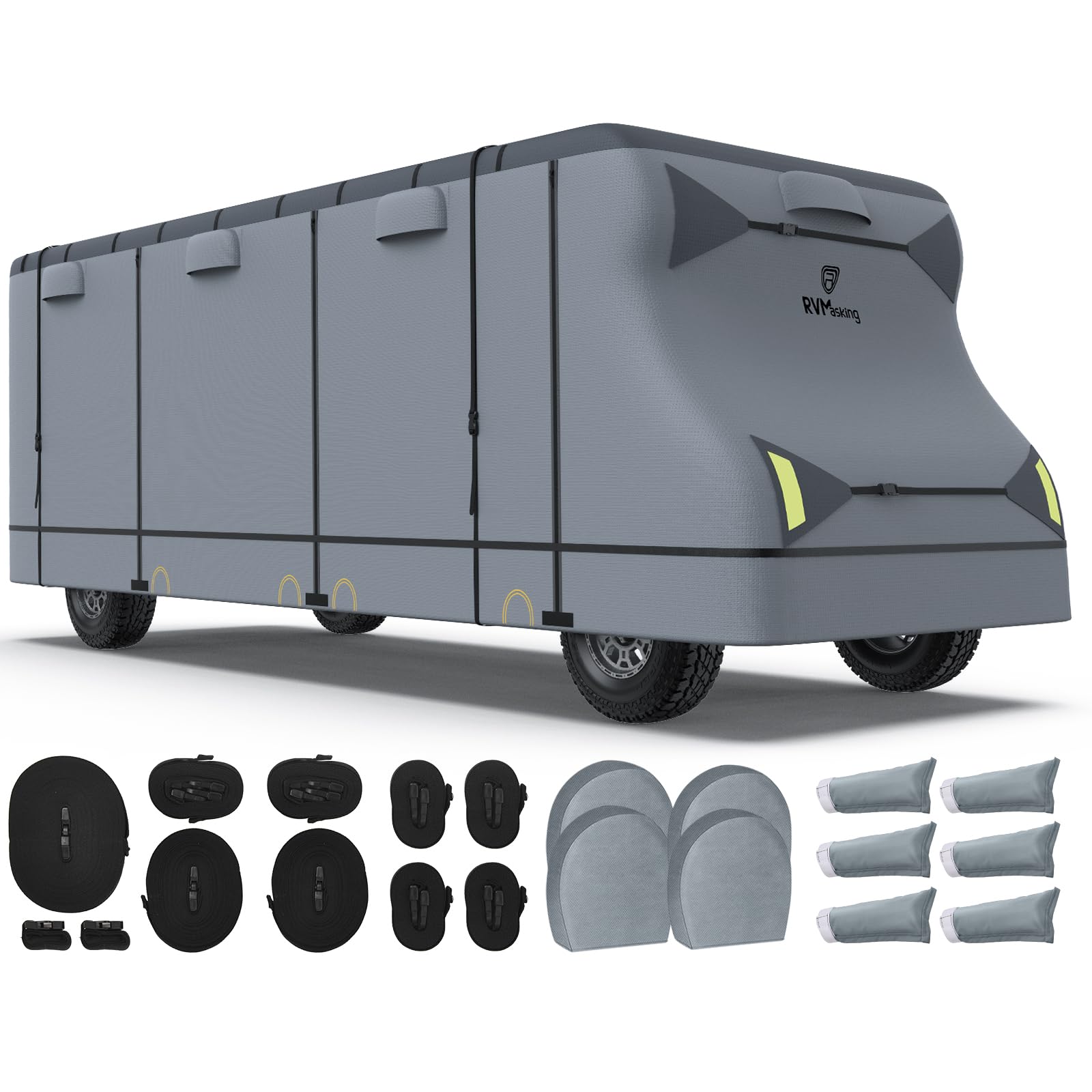 RVMasking 7 Layers Top Class C RV Cover for 29'1"-32' Motorhome Heavy Duty Windproof Rip-Stop Anti-UV with 4 Tire Covers & Gutter Spout Cover