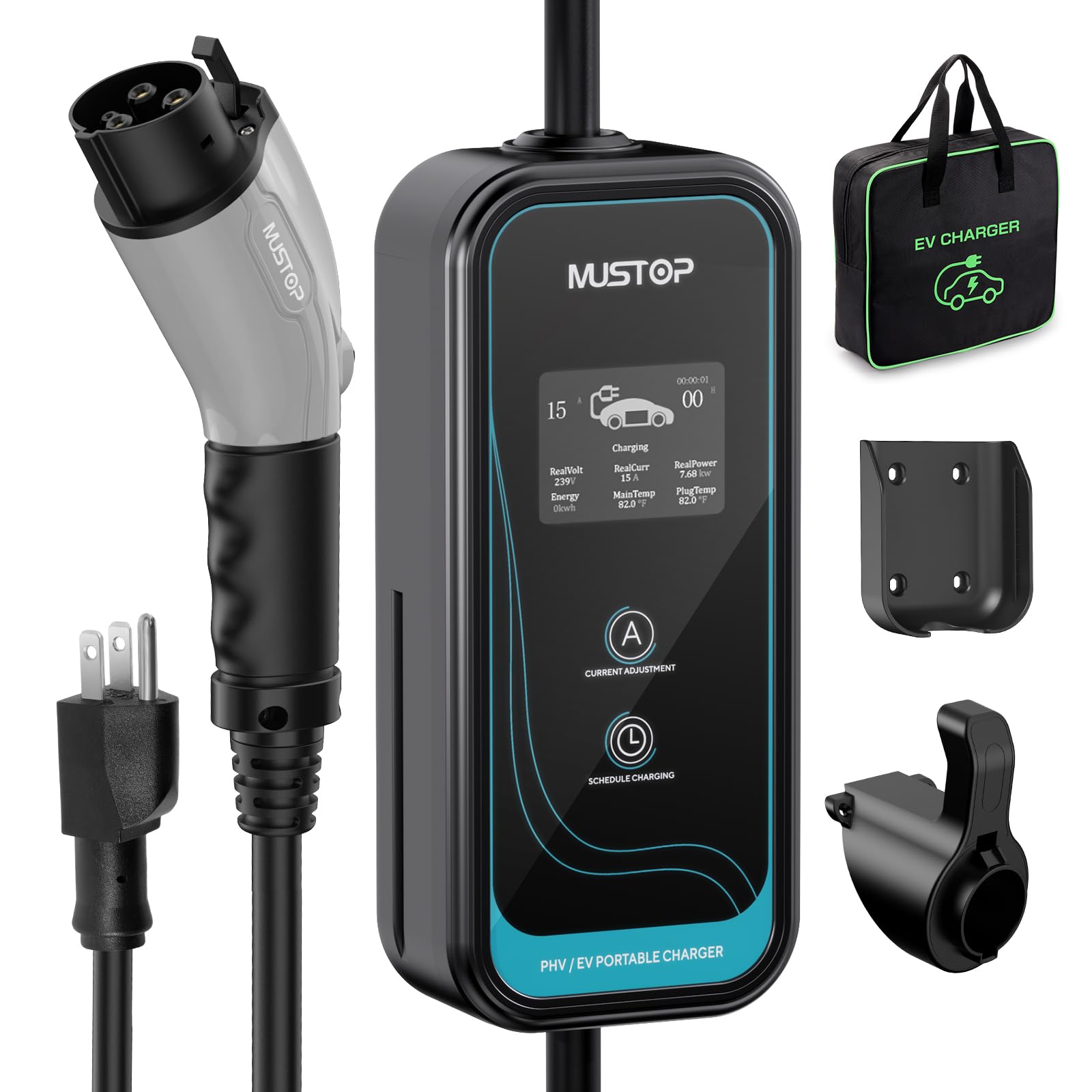 Mustop EV Charger Level 1 (15A /110V / NEMA 5-15 / 25ft),EVSE Adjustable Currents 6A-15A,IP65 Waterproof Home EV Charging Station, with LCD Screen and Timing Delay for All J1772 EVs