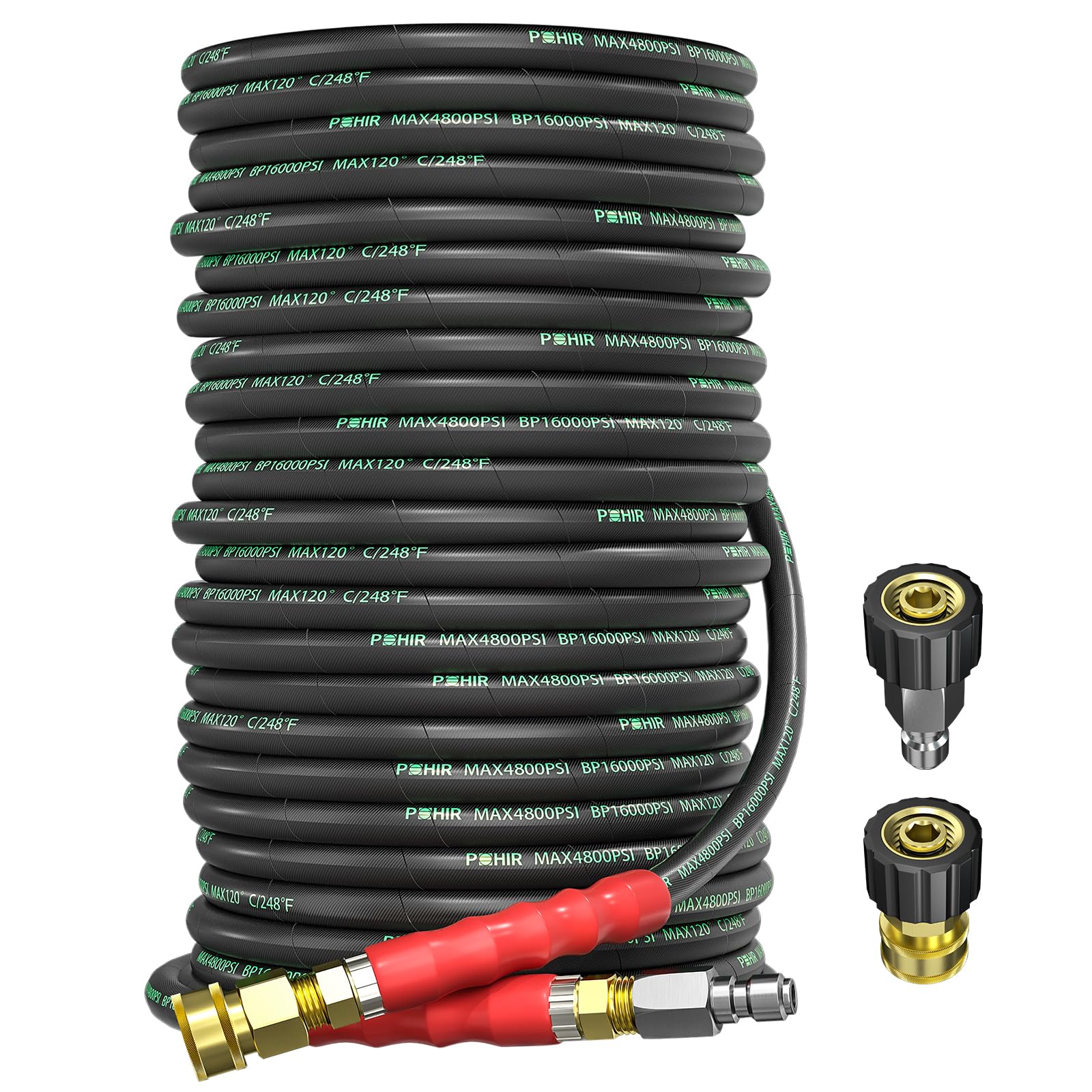 POHIR 3/8" Pressure Washer Hose 150FT 4800psi Kink Resistant High Tensile Wire Braided Power Washer Hose Cold & Hot Water Max 248℉ 2pcs 3/8" Quick Connect to M22 14mm Accessories