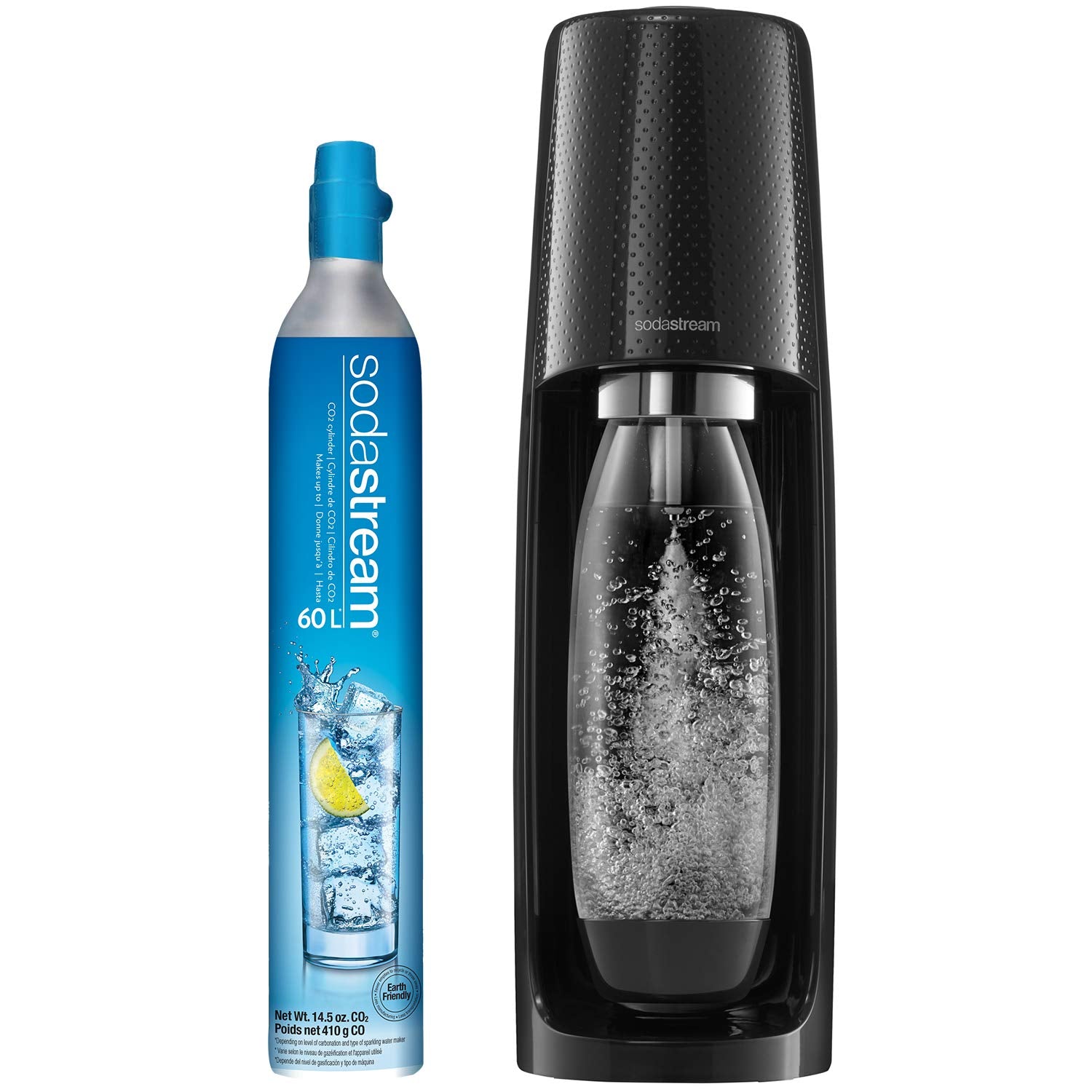 SodaStream Fizzi Sparkling Water Maker (Black) with CO2 and BPA free Bottle, 1-Liter, 60-Liter