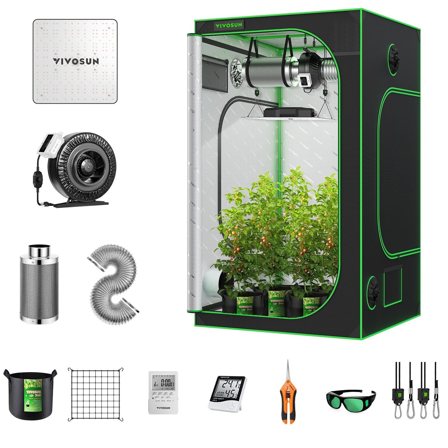 VIVOSUN GIY 4x4 Grow Tent Kit Complete, 4x4 Ft. Grow Tent Complete System with VS1000 Led Grow Light 6 Inch 440CFM Inline Fan Carbon Filter and 8ft Ducting Combo, 48"x48"x80"