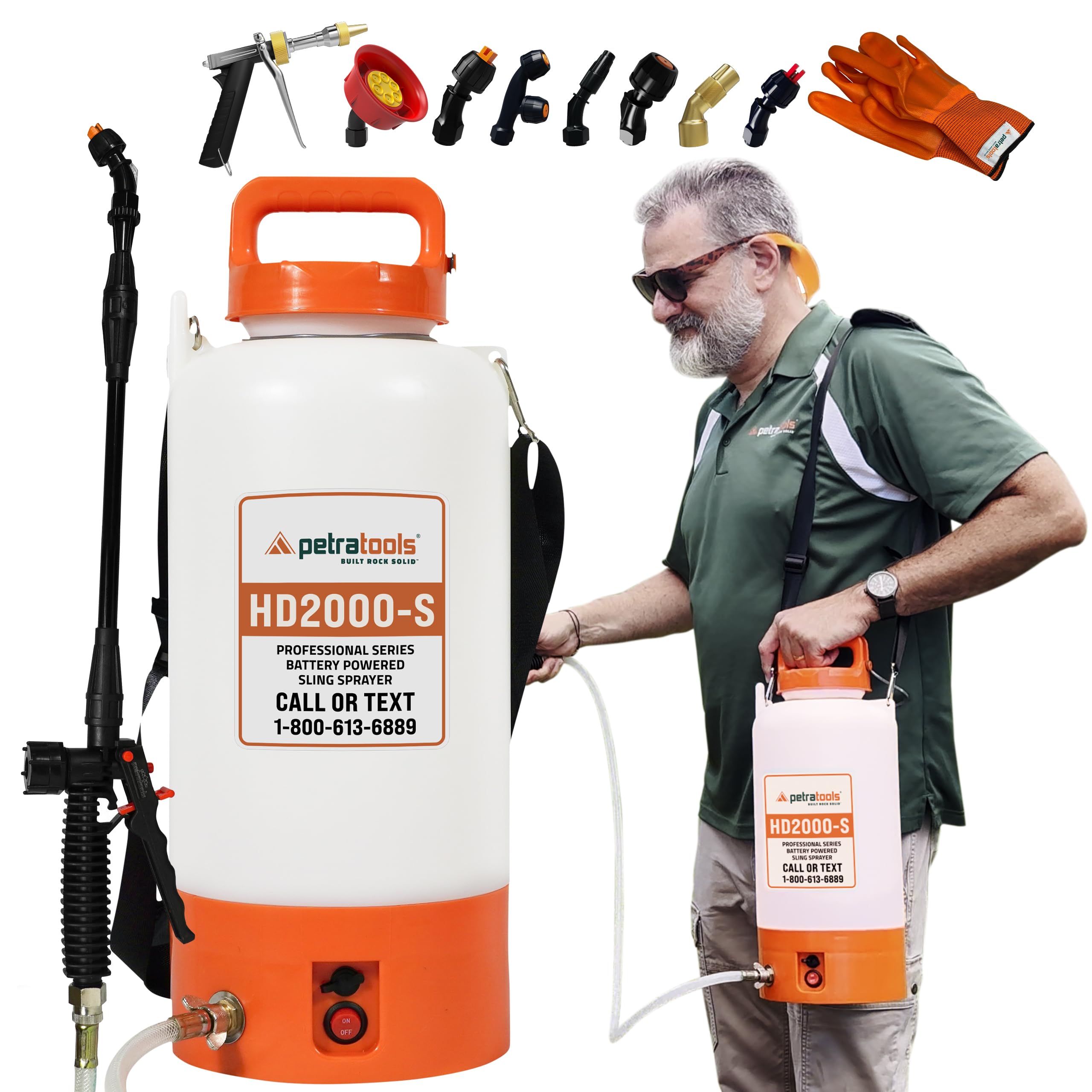 PetraTools Battery Powered Sprayer 2 Gallon - HD2000-S - Heavy Duty Electric Sprayers in Lawn and Garden for Weed/Pest Control, Watering & More - with 8 Nozzles & Strap (2 Gallon ProKit)