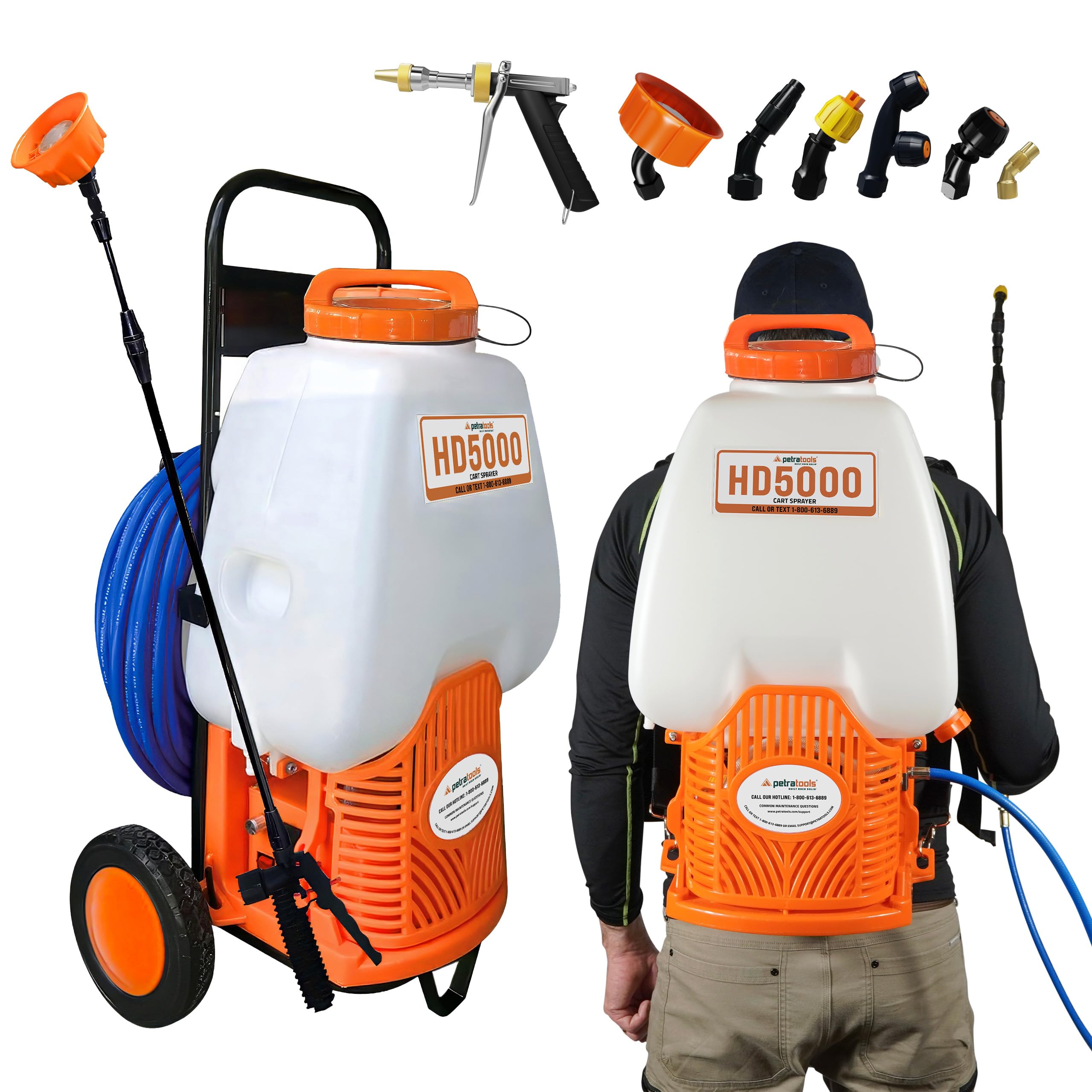 PetraTools Powered Backpack Sprayer with Custom Fitted Cart and 100 Foot Commercial Hose, 2 Hoses Included, Commercial Quality Heavy Duty Sprayer (6.5 Gallon Cart)