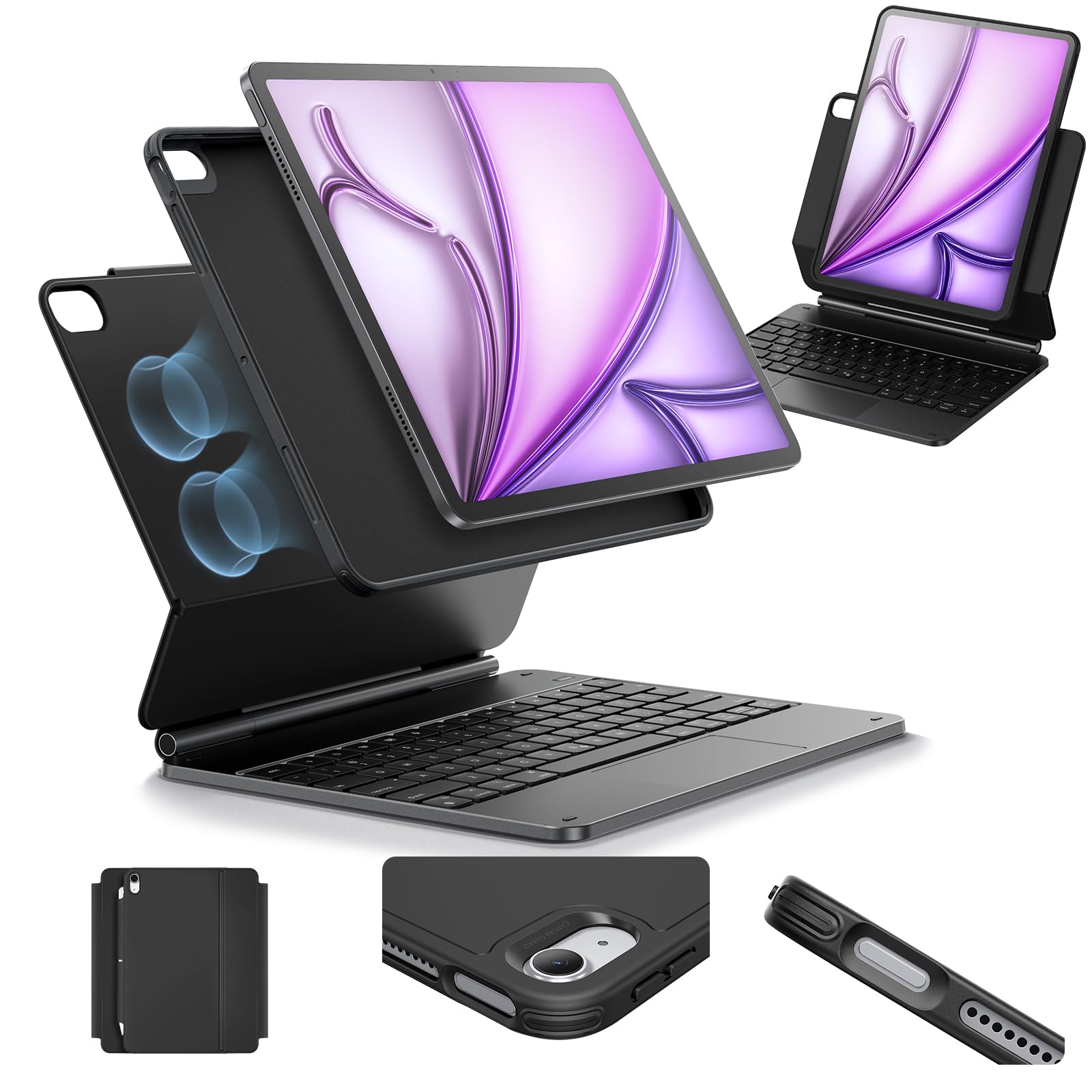 ESR iPad Air 13 Inch Case Keyboard (M3/M2, 2025/2024), Easy-Set Magnetic Stand, Portrait/Landscape Mode, Removable Case with Multi-Touch Trackpad, Rebound 360 Series, Black